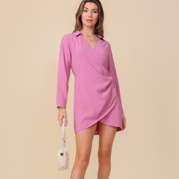 LUMIERE Pink Wrap Mini Dress with Long Sleeves, Collared Surplice Style - Picture 6 of 8
